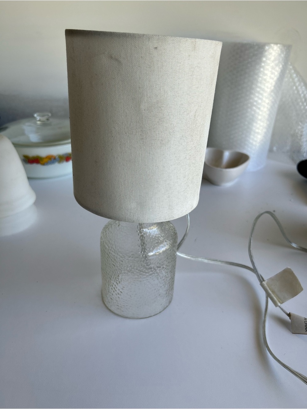 Cream Shade Table Lamp with Clear Textured Glass Base